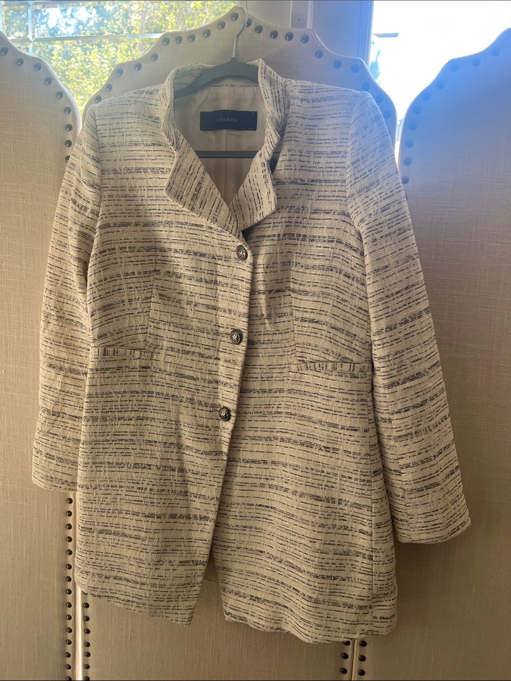Zara Cream and Black Striped Tweed Blazer